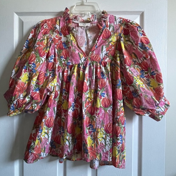 ENTRO floral puff sleeve blouse-Size L- EUC - Picture 1 of 3
